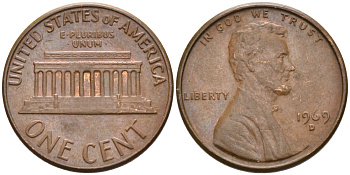 США 1 цент 1969 D, Линкольн KM 201 медь цинк 4564-456