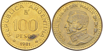 Аргентина 100 песо 1981 генерал Хосе де Сан Мартин KM 85а сталь плакированная латунью 4574-1225