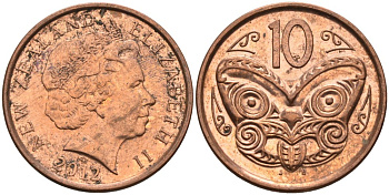 Новая Зеландия 10 центов 2012 маска Маори, Елизавета II (1952-) KM 117а сталь плакированная медью 54-2243