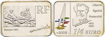 Франция 1/4 евро 2008 художник Эдуард Мане, цветная эмаль, в оригинальной коробке, с сертификатом KM 1570 серебро BUNC 4-3-5-08