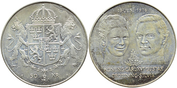 Швеция 50 крон 1976 U, королевская свадьба Карла XVI и королевы Сильвии KM 854 серебро UNC 06-282-43