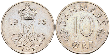 Дания 10 эре 1976 S; B, Маргрете II (1972- ) KM 860.1 медно-никель  4169-225