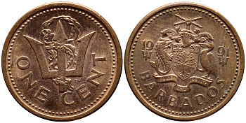 Барбадос 1 цент 1991 сломанный трезубец Британии KM 10 бронза 4396-1268