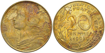 ФРАНЦИЯ 20 САНТИМОВ 1997 ТИП MARIANNE KM 930, LE FRANC 156.41 медь алюминий никель 175-921