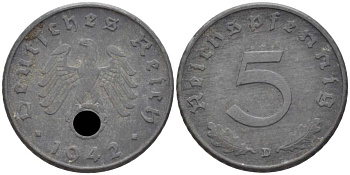ГЕРМАНИЯ 5 РЕЙХСПФЕННИГОВ 1942 D KM 100, J. 370 цинк 105-259