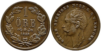 Швеция 1 эре 1858 L.A.  Оскар I (1844-1859) KM 687 бронза 1523-335