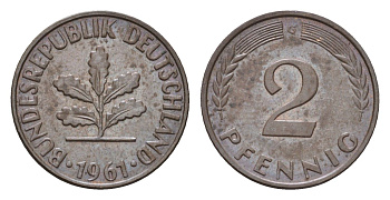 ФРГ 2 пфеннига 1961 G KM 106, J. 381 бронза 4618-718
