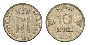 Норвегия 10 эре 1915 Хокон VII (1905-1957) KM 372 серебро 413-743
