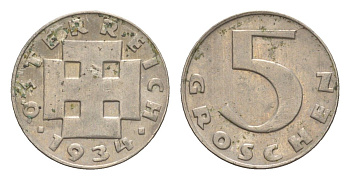 Австрия 5 грошей 1934 KM 2846 медно-никель 4564-1262