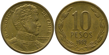 Чили 10 песо 1992 So KM 228.2, Schon 82 алюминиевая бронза 4544-456