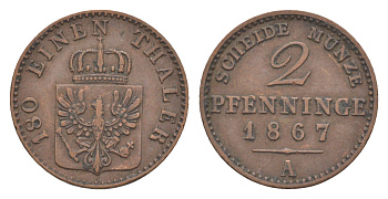Пруссия 2 пфеннига 1867 A, Вильгельм I (1861-1888) KM 481, Jaeger 51, AKS 107, Olding 425 медь 4651-241