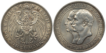 Пруссия 3 марки 1911 A, Университет Бреслау Weege 108, J. 108, KM 531 серебро 413-6113