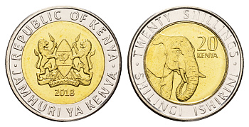 Кения 20 шиллингов 2018 слон KM 48 биметалл  UNC  M71-10