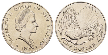 Новая Зеландия 1 доллар 1980 Птицы Новой Зеландии - Веерохвостка KM 49 медно-никель BU 4537-914