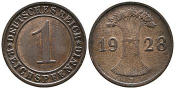 ГЕРМАНИЯ 1 РЕЙХСПФЕННИГ 1928 F KM 37, J. 313 бронза 39-965