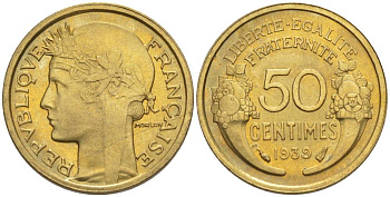 ФРАНЦИЯ 50 САНТИМОВ 1939 ТИП MORLON KM 894.1, LE FRANC 192.15 алюминиевая бронза 44-843