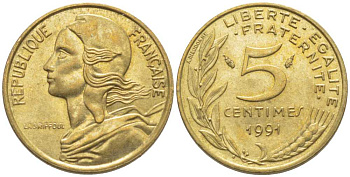 ФРАНЦИЯ 5 САНТИМОВ 1991 ТИП MARIANNE KM 933, LE FRANC 125.27 медь алюминий никель 116-457