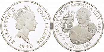 Острова Кука 10 долларов 1990 500 лет открытия Америки, Христофор Колумб KM 121 серебро PROOF 02-227-14