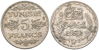 Тунис 5 франков 1936 AH 1355, Ахмад II ибн Али (1862-1942) KM 261 серебро 4364-1742