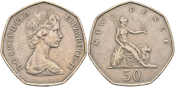 Великобритания 50 пенсов 1969 Елизавета II (1952-2022) KM 913, Spink 4223 (H1) медно-никель 4587-942