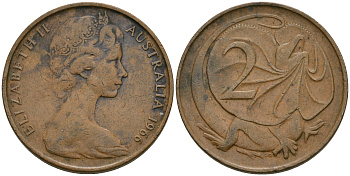 Австралия 2 цента 1966 Елизавета II (1952-), плащеносная ящерица KM 63 бронза 08-942
