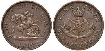Канада 1/2 пенни 1852 банка Верхней Канады, upper canada CCT PC 5B2 , Breton His 720, KM Tn2 медь 1531-134