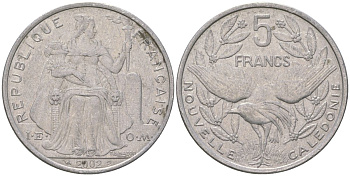 Французская Новая Каледония 5 франков 2002 птица кагу, (IEOM) KM 16, Schoen 12, Lec 81g алюминий 189-623