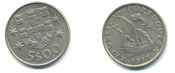 ПОРТУГАЛИЯ 5 ЭСКУДО 1977 ПАРУСНИК KM 591 медно-никель 176-256