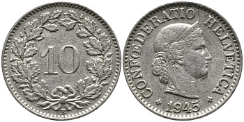 Швейцария 10 раппенов 1945 B KM 27 медно-никель     4539-443