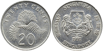 Сингапур 20 центов 1991 KM 52 медно-никель 4391-345