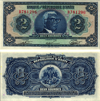 Гаити 2 гурда 1979 серия В, президент Франсуа Дювалье Pick 231  бумага  UNC (пресс) 2195-32-3-2