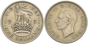 Великобритания 1 шиллинг 1951 Георг VI (1936-1952), Английский герб KM 876, Spink 4108 медно-никель 212-955