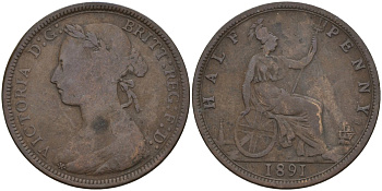 Великобритания 1/2 пенни 1891 Виктория (1837-1901) KM 754, Spink 3956 бронза 4143-1257