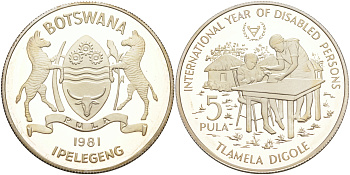 Ботсвана 5 пула 1981 Международный год инвалидов, Пьефорт, PIEFORTS, тираж 1000 экземпляров KM P1 серебро PROOF 00-801-01
