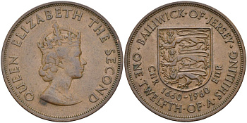 Джерси 1/12 шиллинга 1960 Елизавета II (1952-2022), 300 лет вступления на престол короля Карла II KM 23 бронза 4368-514