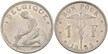 Бельгия 1 франк 1933 Belgique KM 89 никель 51-1711