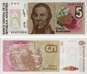 АРГЕНТИНА 5 АУСТРАЛЕЙ 1989 СЕРИЯ А 89457, ХОСЕ де УРКИСА, ПРЕЗИДЕНТ АРГЕНТИНСКОЙ КОНФЕДЕРАЦИИ (1856-1860) Pick 324b бумага UNC (ПРЕСС) 6293-1-4-1