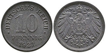 ГЕРМАНИЯ 10 ПФЕННИГОВ 1921 KM 26, J. 299 цинк 4380-225