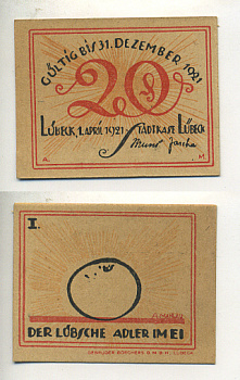 ЛЮБЕК 20 ПФЕННИГОВ 1921 НОТГЕЛЬД, 1 АПРЕЛЯ 1921, НОМЕР 1 Grabowski 831.1а бумага UNC (ПРЕСС) 7222-26-3