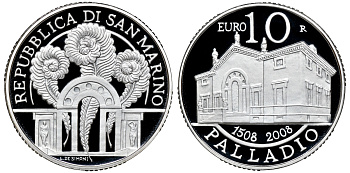 Сан-Марино 10 евро 2008 500 лет Андреа Палладио, в оригинальной коробке, сертификат KM 514 серебро PROOF 2-5-2-9