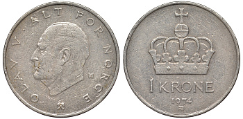 Норвегия 1 крона 1974 Олаф V KM 419 медно-никель 25-2151