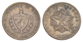 Куба 5 сентаво 1920 звезда, республика (1915-1961) KM 11.1, Y 5, Schoen 5 медно-никель 4658-834