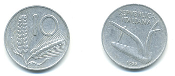 ИТАЛИЯ 10 ЛИР 1955 R, КОЛОСЬЯ, ПЛУГ KM 93 алюминий 4364-1126