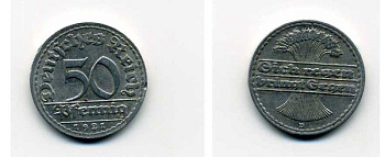 ГЕРМАНИЯ 50 ПФЕННИГОВ 1921 D KM 27, J. 301 алюминий 29-335