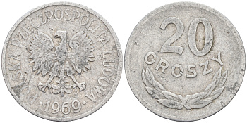 ПОЛЬША 20 ГРОШЕЙ 1969 MW KM А47 алюминий 106-437
