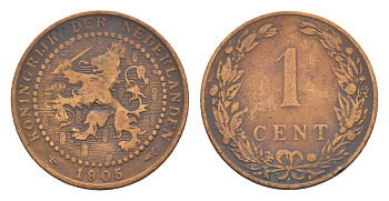 Нидерланды 1 цент 1905 Вильгельмина (1890-1948) KM 132 бронза 73-236