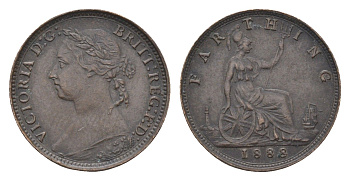 Великобритания 1 фартинг 1888 Виктория (1837-1901) KM 753, Spink 3958 бронза 4664-238