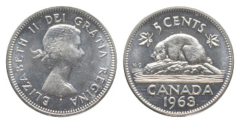 Канада 5 центов 1963 Елизавета II (1952-2022), бобр KM 57 никель PROOF-LIKE (BU) 4639-442
