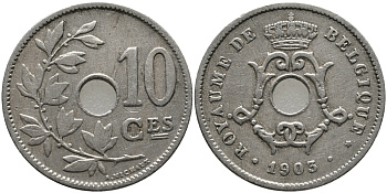 БЕЛЬГИЯ 10 САНТИМОВ 1903 BELGIQUE KM 48 медно-никель 4379-1347