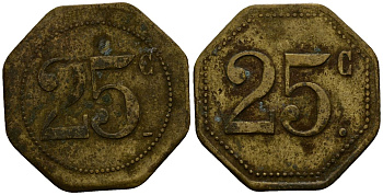 Франция 25 сантимов XIX-XX век ресторанный жетон латунь 4166-547